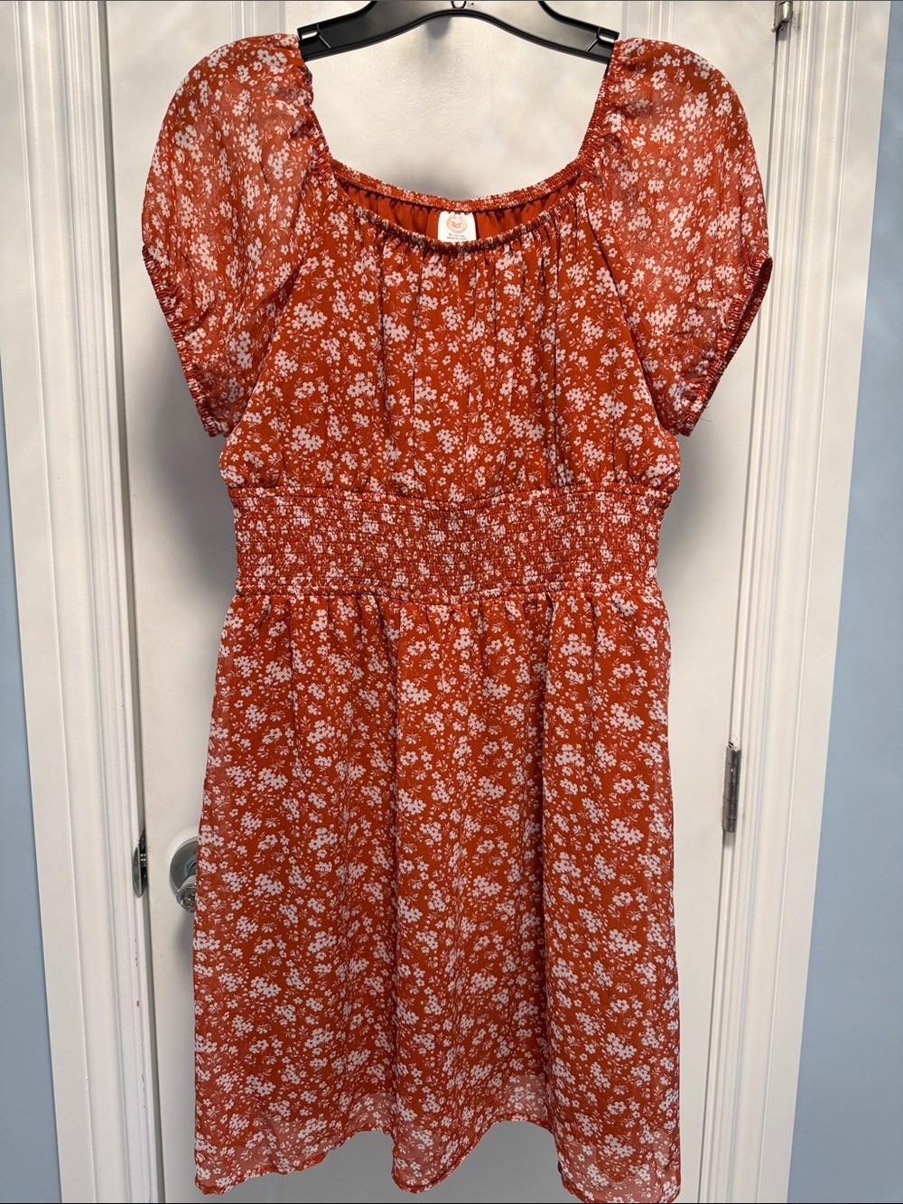 Wonder Nation Girls Floral Smocked Waist Dress – Rust Orange (Size XL 14-16)